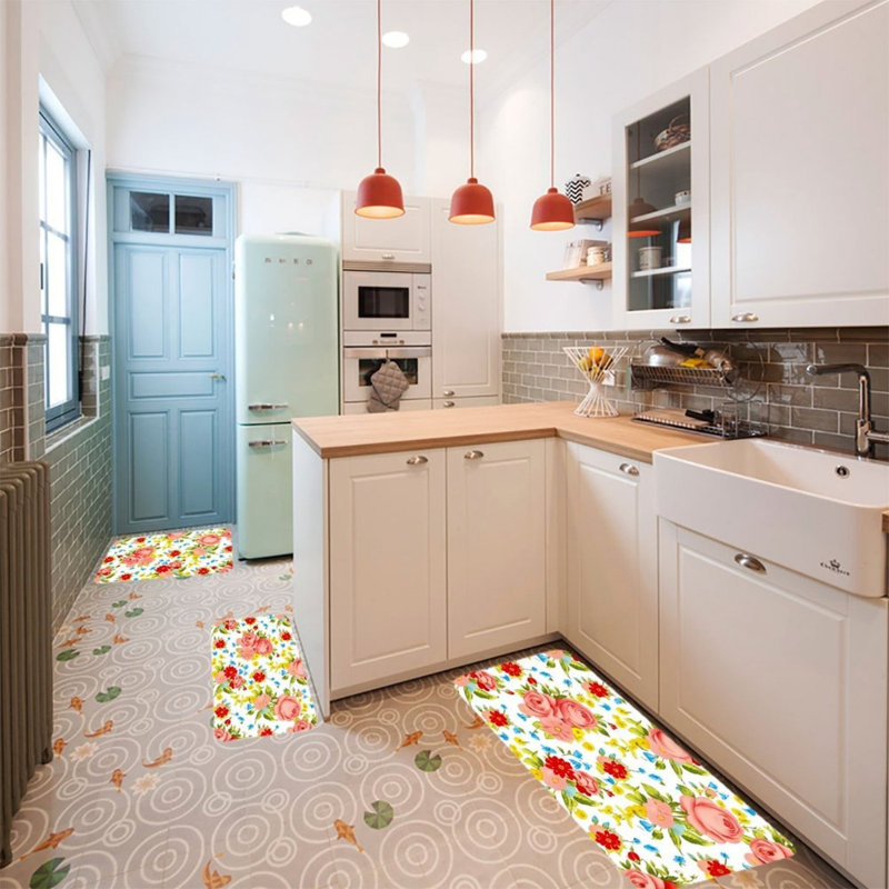 Tapis de cuisine aquarelle à motif floral rose 3 pièces