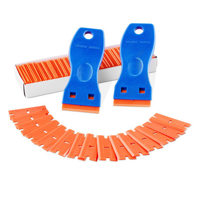 Heavy Duty Plastic Razor Blade Scraper Tool Set - 2 Ergonomic Handles with 120 Replacement Blades for Safe Floor Cleaning