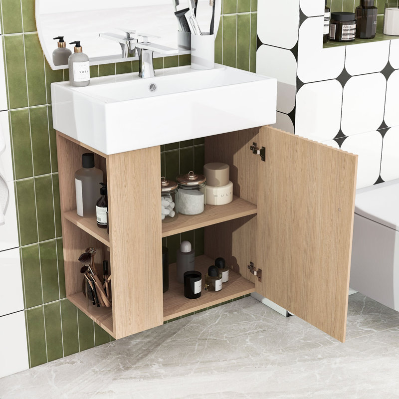 Modern Floating Bathroom Vanity with Wave-Patterned Door, Ceramic Sink and Storage Shelves, Wood