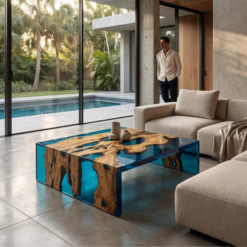 Square Coffee Table, 13.7'' H x 39.4" L x 39.4" W, Transparent/Natural