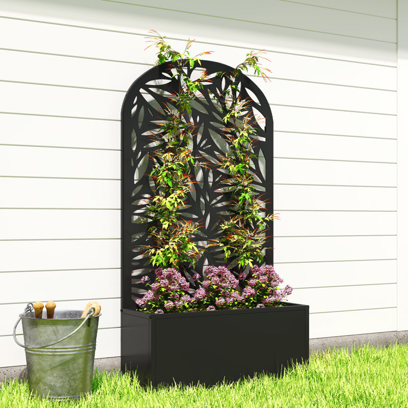 Outsunny Metal Garden Bed with Trellis, Leaves Cut-out
