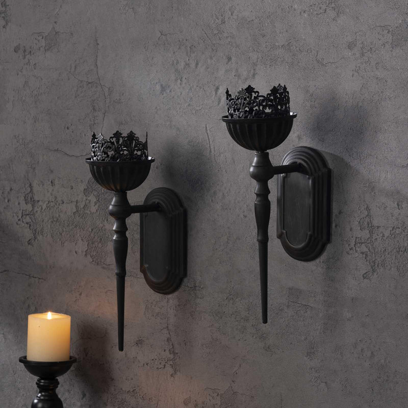 Black Iron and Wood Crown Design Wall Sconce Candle Holders, Set of 2