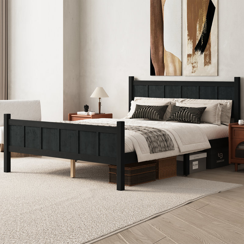 Grand lit plateforme moderne minimaliste, finition grain de bois noir, style tête de lit et pied de lit style Shaker et maison de campagne