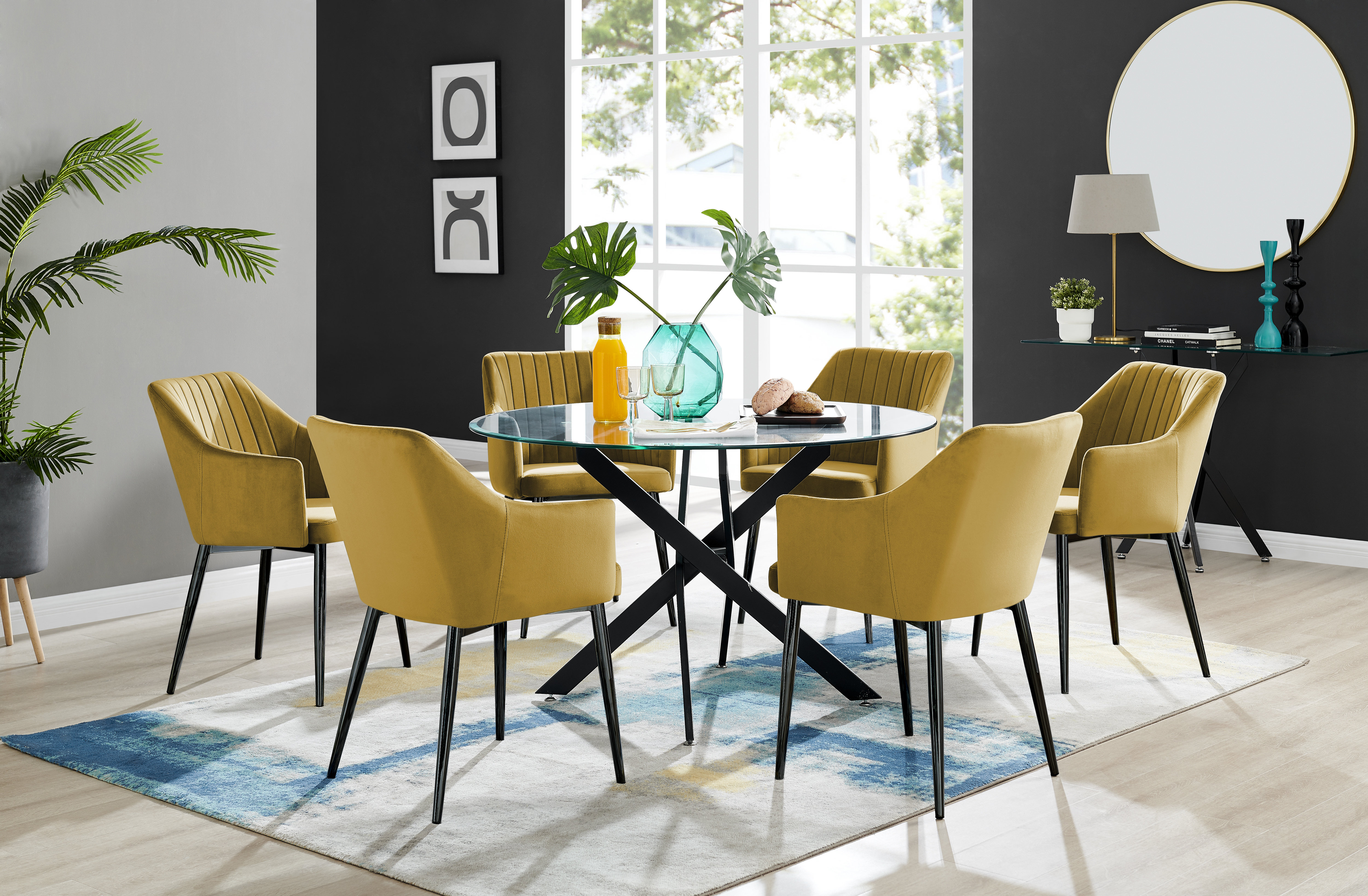 Furniture box novara black leg 120cm round glass dining table and 6 grey  milan black leg chairs £367.99