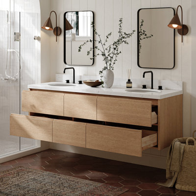   Ensemble de meuble-lavabo mural ovale double 72 po avec comptoir en quartz blanc de Carrare, Ensuko