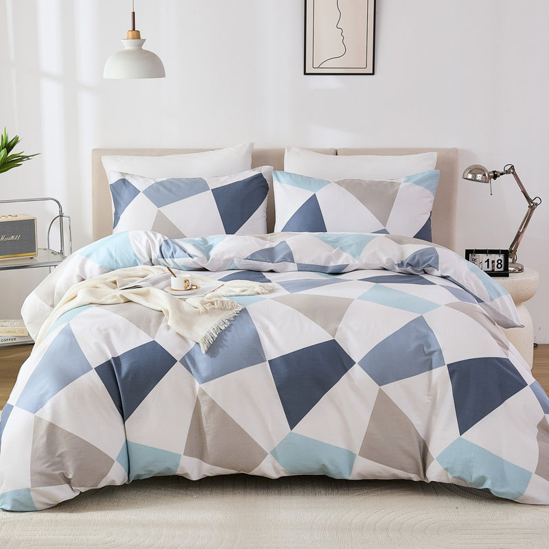 Ensemble de housse de couette 100% coton pour très grand lit - Ensemble de literie triangulaire bleu gris nordique 3 pièces, housse d'édredon légère et douce avec fermeture à glissière, ensemble de lit contemporain neutre abstrait