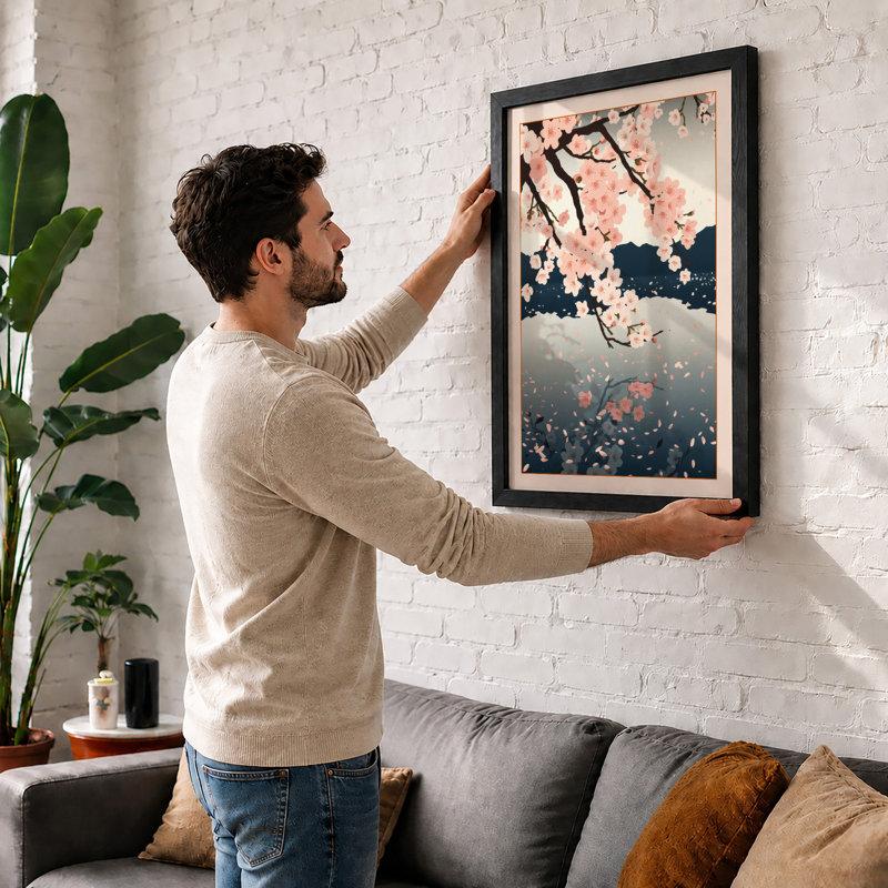 Moonlit Cherry Blossom Japandi - Framed Print, A4 - 29.7 x 21.0 cm, Black