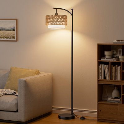 63.5'' Arc Floor Lamp with Remote Control & Stepless Dimming & Rattan Shade