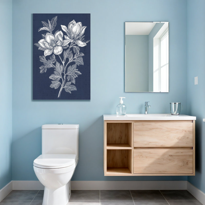 Plantes et fleurs de magnolia blanc sur fond bleu marine, H 18 po x l 12 po