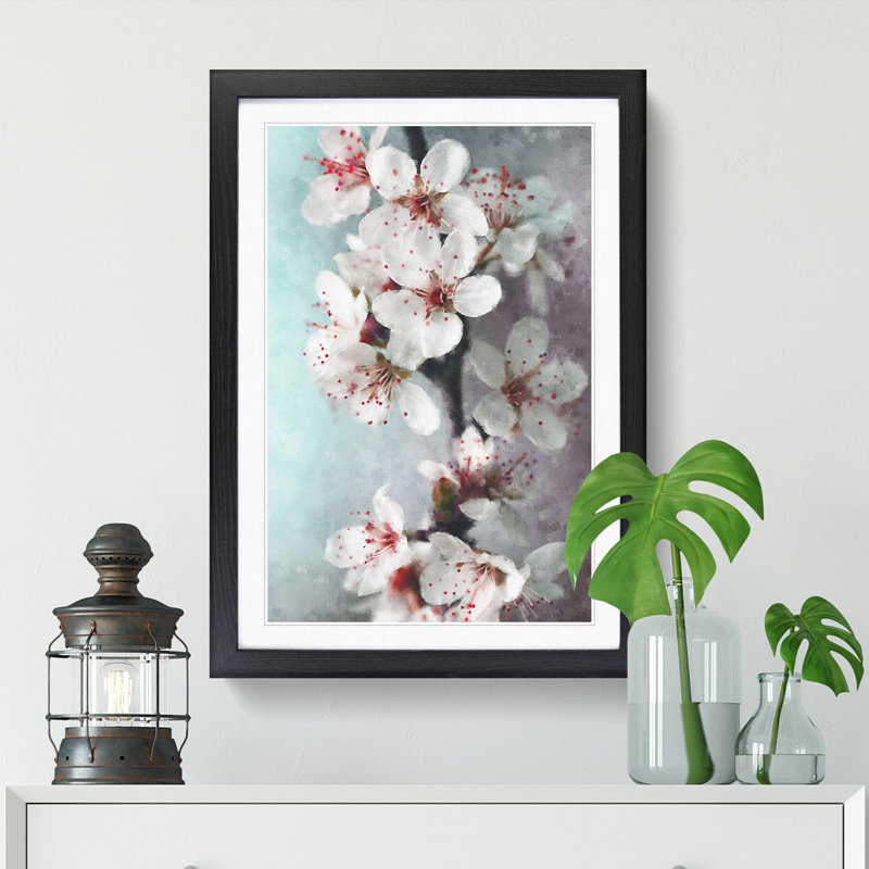 White Blossoms - Picture Frame Painting Print, Black Framed, 63cm H x 45cm W x 2cm D