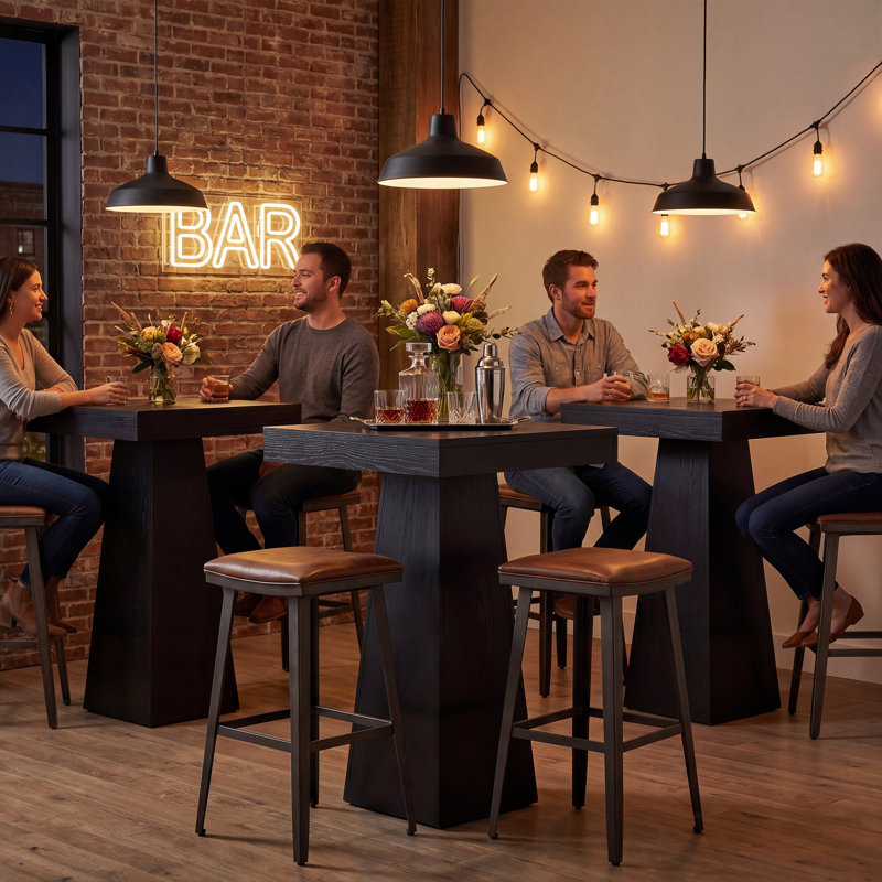 39.96" Height Square Bar Table Small Dining Table With Wood Conical Base, Black
