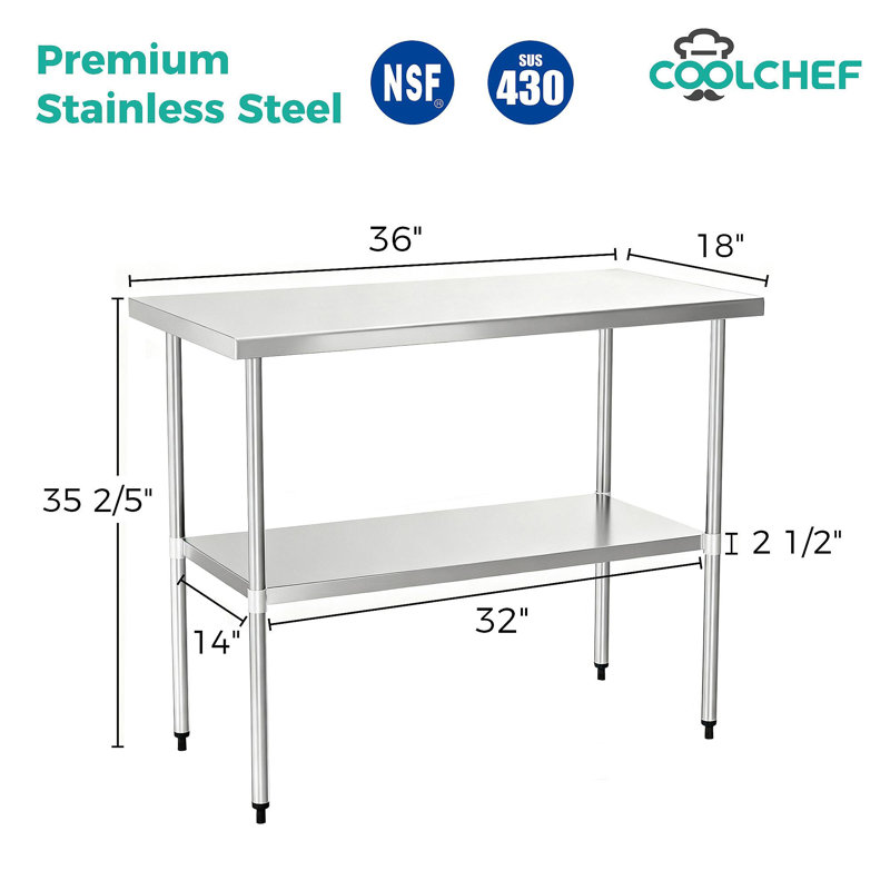 Table de travail commerciale en acier inoxydable de calibre 18 18 po x 36 po, H 53,4 po x L 36 po x l 18 po