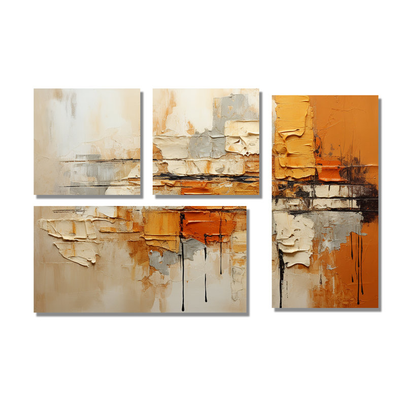 Orange Impressions III - Collages abstraits, art mural 4 pièces, Toile tendue, Ne s’applique pas