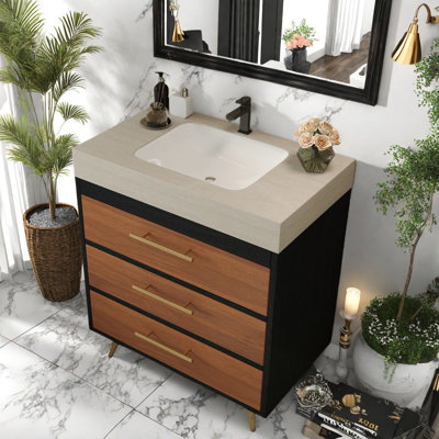 Modern Vanity Cabinet With Vessel Sink And Sintered Stone Top For Bathrooms