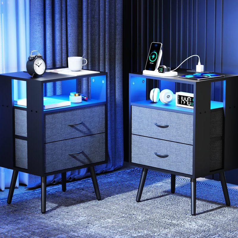 Ensemble de 2 tables de chevet modernes avec fonction de charge, tables de chevet avec éclairage à DEL et tiroirs en tissu, télécommande pour lampe, prise 2Ac + 2Usb pour charge mobile, panneau enduit, station de chauffage facile à nettoyer, non
