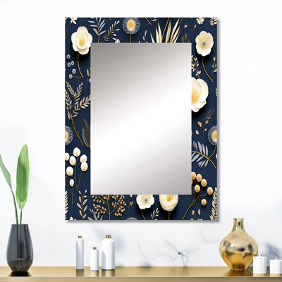 Amalya - fleurs botaniques bleues et blanches - miroir décoratif floral, miroir mural floral, impression d'art en métal