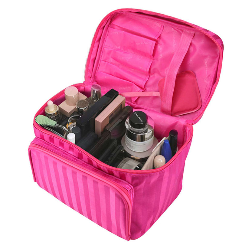 Trousse de toilette portative à maquillage imperméable à grande capacité avec miroir, Rose