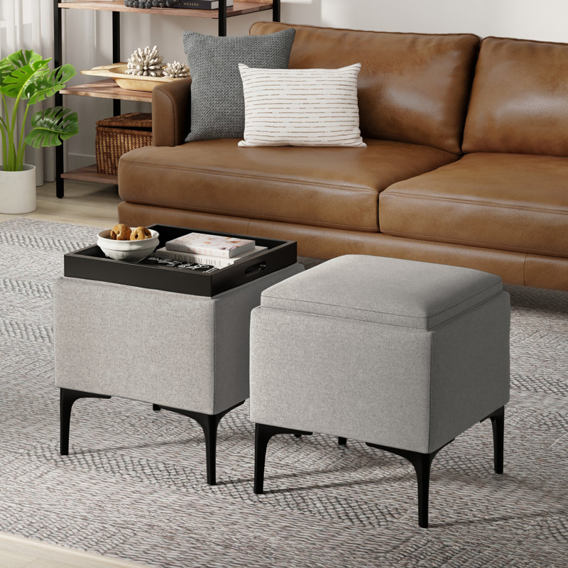 Cloud Grey Polyester Linen Storage Ottoman with Tray