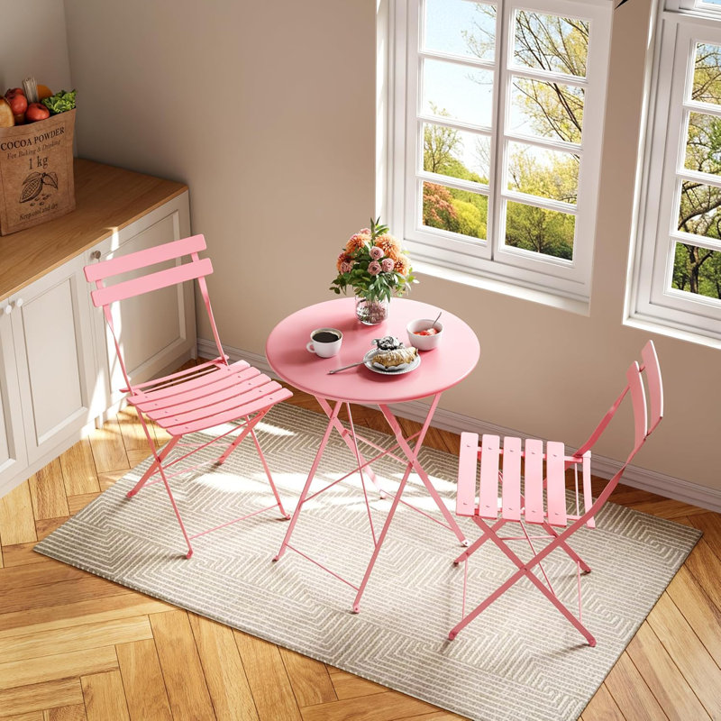 Ensemble bistro 3 pièces, table et chaises avec cadre en acier, meubles de patio peu encombrants, rose, Rose