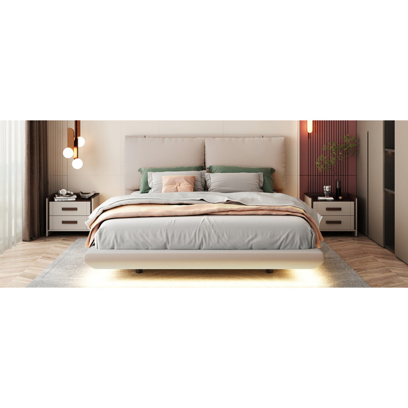 Grand lit plateforme avec finition en velours et éclairage à capteur - idéal pour les chambres modernes