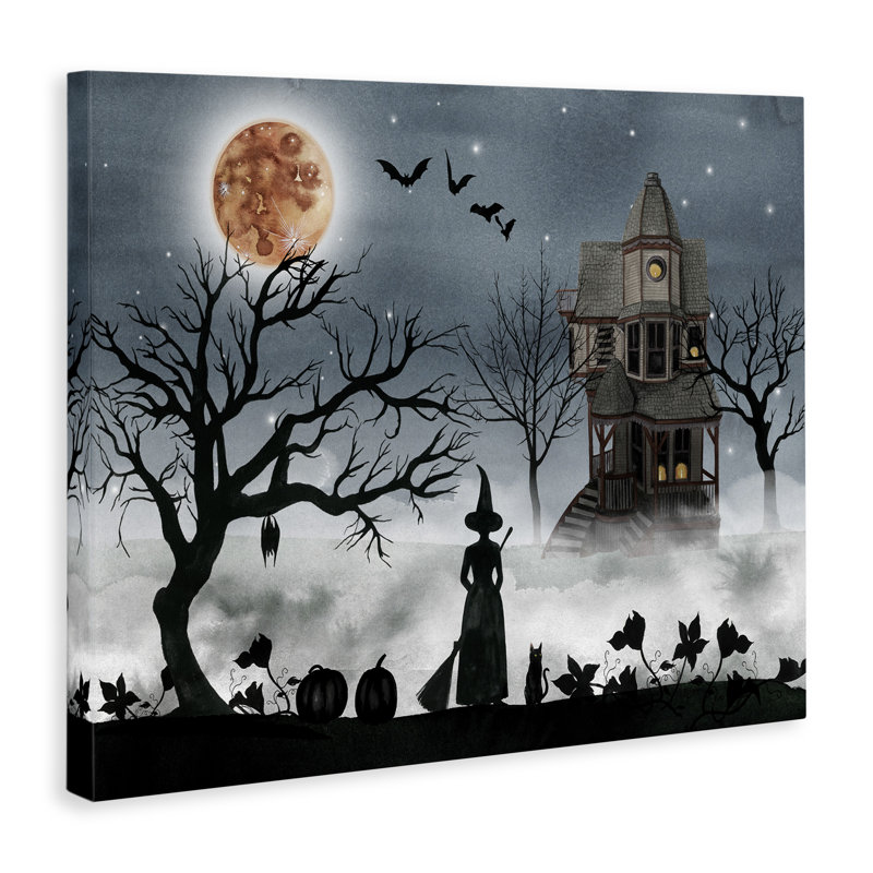 «Halloween Witch Silhouette in Full Moon Haunted House Scene», impression, H 30 po x l 40 po