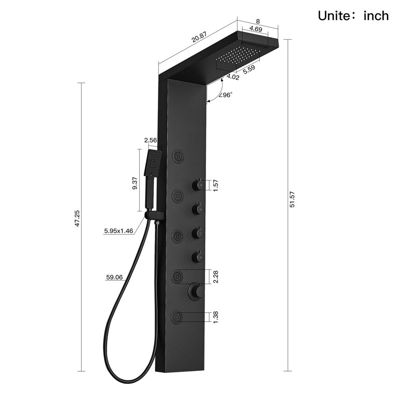 Matte Black 47'' Shower Panel with Rainfall and Waterfall Head