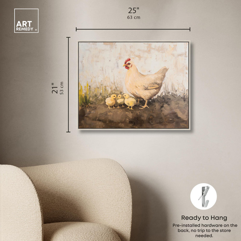 Art, paysage campagnard sur toile, mère poule et poussins, Encadrement argenté, H 21 po x l 25 po