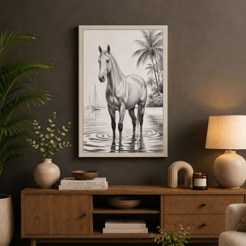 Horse at Water's Edge Coastal - Wrapped Canvas, 36x24 - 91.4 x 61.0 cm, Teal Border