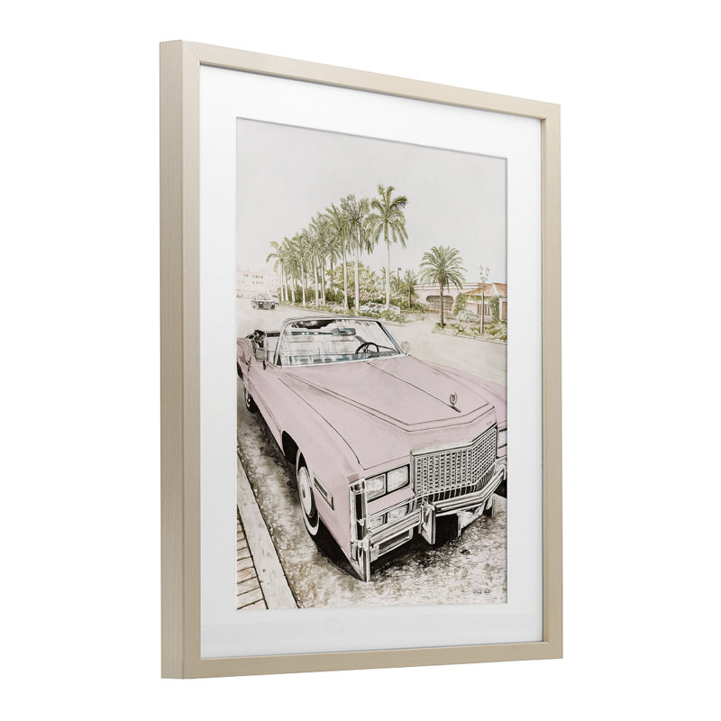 Imprimé rétro convertible encadré sous verre rose bébé, design par Cindy Jacobs, H 21 po x l 17 po, Cadre de récolte en pin