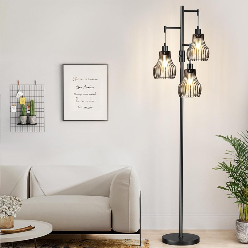 Dimmable Floor Lamps, Industrial Tree Standing Tall Lamps With 3 Elegant Cage Shade & 800 Lumens Led Bulbs, Matte Black