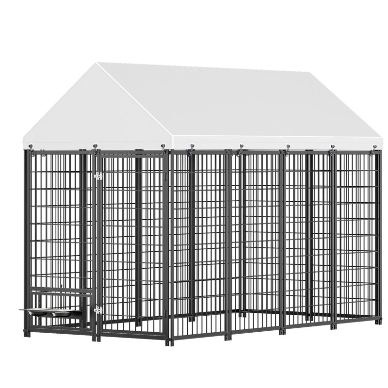 Cage d'extérieur pour chien avec mangeoires tournantes - l 7,94 pi x l 4,13 pi l 5,95 pi, structure en fer renforcé, plusieurs colonnes porteuses, serrure à double porte, couvercle de toit en métal
