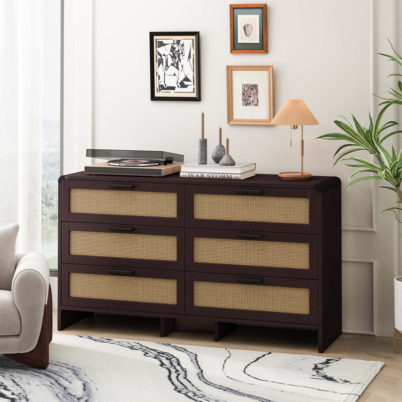 Arc Shaped Corner Rattan Cabinet With 6-Drawers, Reddish-Brown, For Living Room, Bedroom, And Kitchen Storage, Reddish Brown