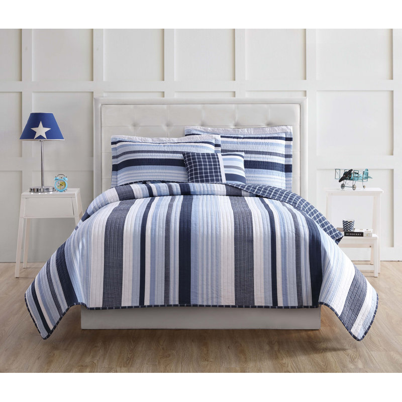 Nautical Blue and White Striped Twin Quilt Set with Decorative Pillow