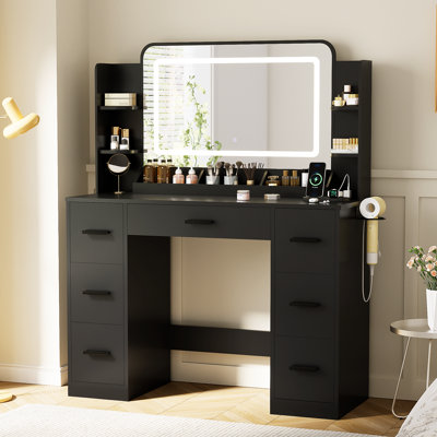 Meuble-lavabo 43,3 po avec miroir à DEL, 7 tiroirs, 4 tablettes réglables et station de charge intégrée pour la chambre à coucher, noir