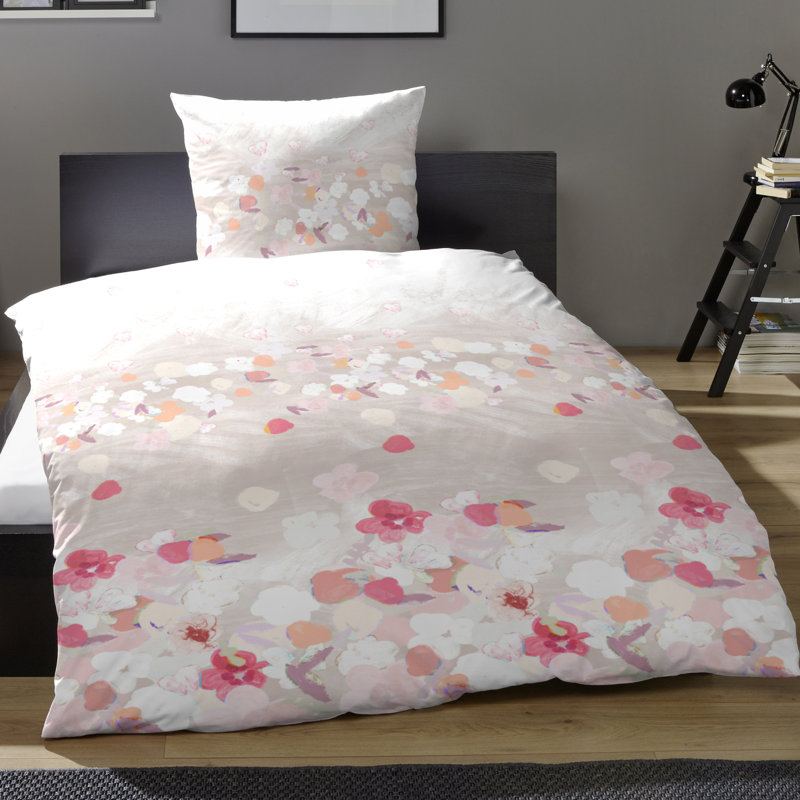 Baca Percale Reversible Duvet Cover Set, 155 x 220 cm - 1 Pillowcase (80 x 80 cm), Taupe/Pink