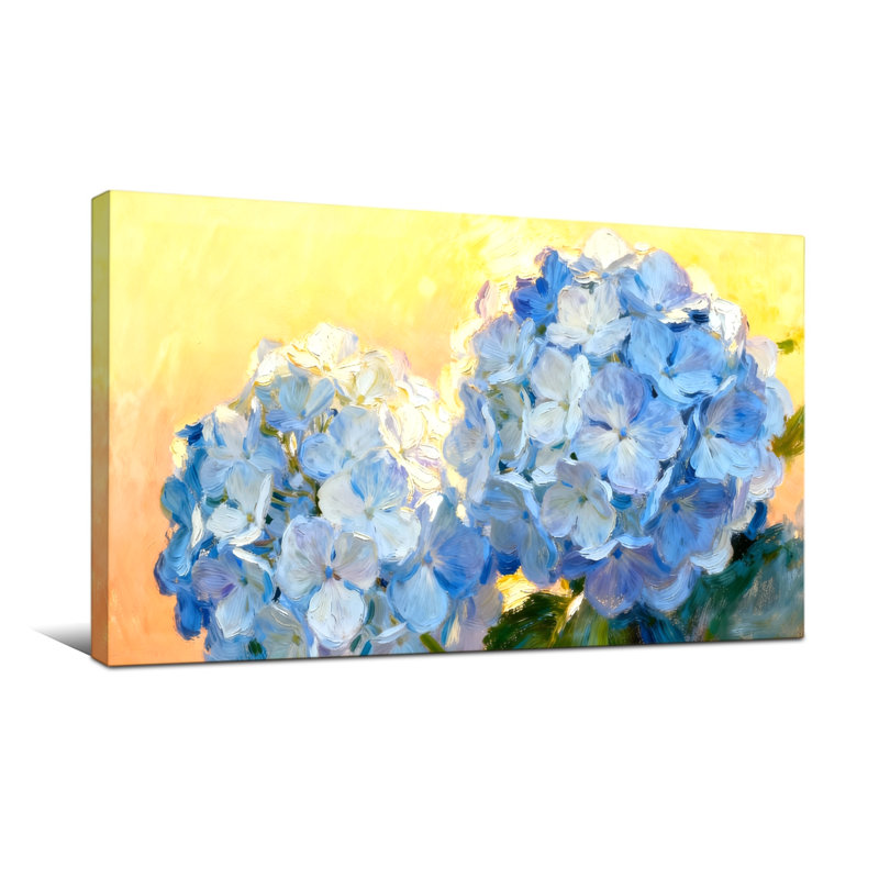Plantes et fleurs d'hortensias bleus sur fond jaune, 20" H x 40" W