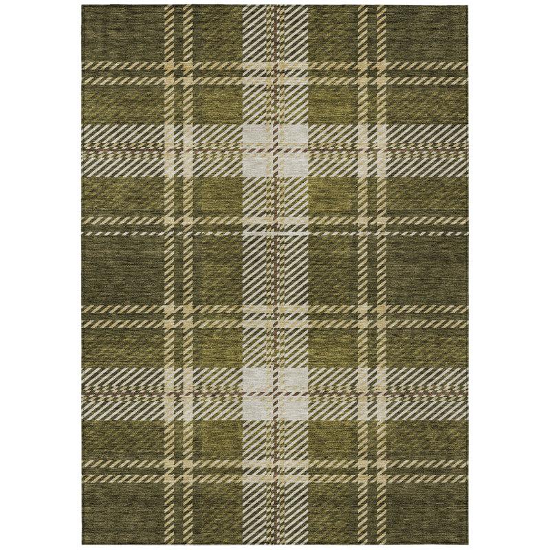 9' X 12' Olive Green Gold And Brown Plaid Washable Indoor Outdoor Area Rug