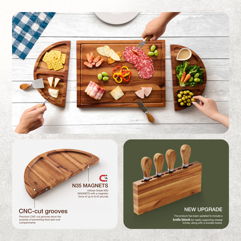 Ensemble de planches de charcuterie en acacia 30 po - 3 pièces magnétiques + 4 couteaux