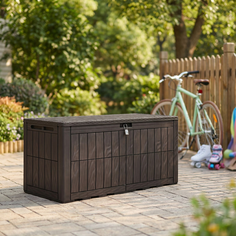 Balconera 110 Gallon Resin Outdoor Deck Box With Lock, Brown, 110