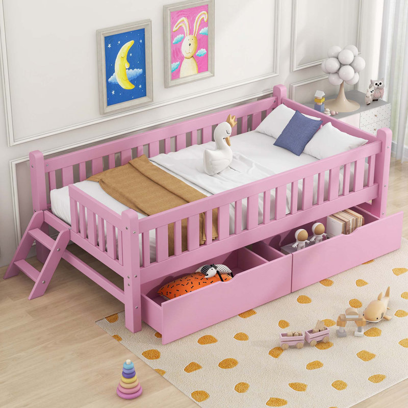 Lit plateforme en bois avec garde-corps et 2 tiroirs, Rose