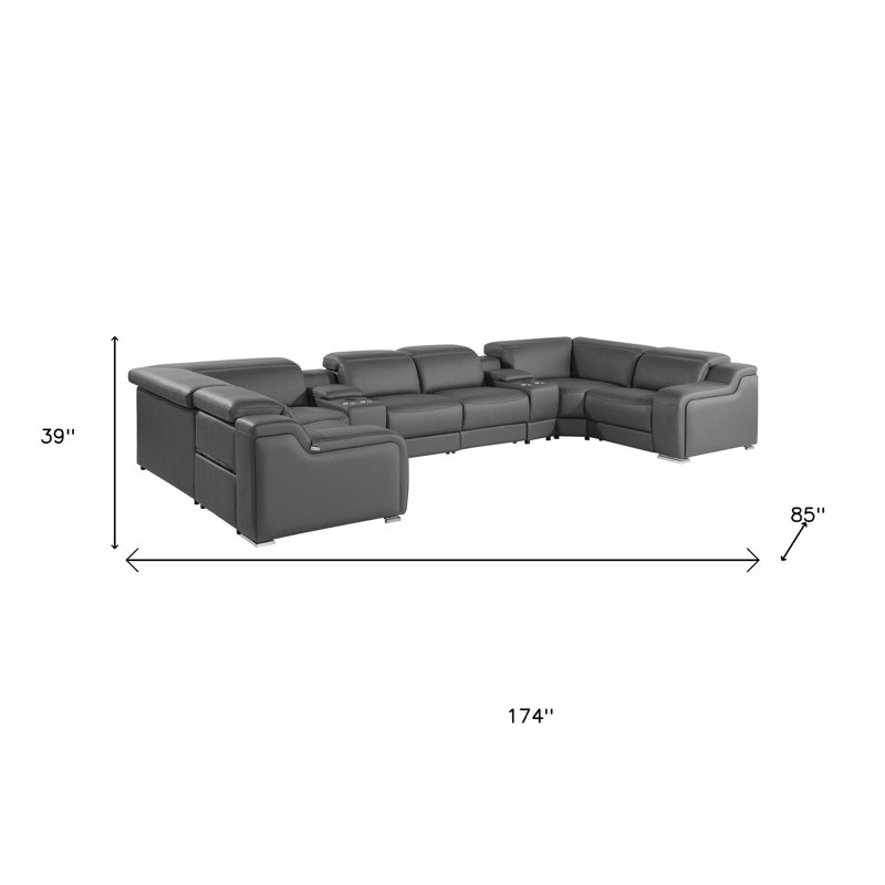 Canapé modulaire en forme de U inclinable en cuir italien foncé foncé avec console