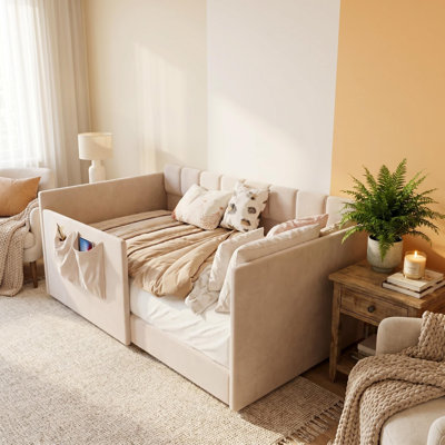 Twin Velvet Upholstered Daybed Sofa with High Side Panels and Storage Pockets