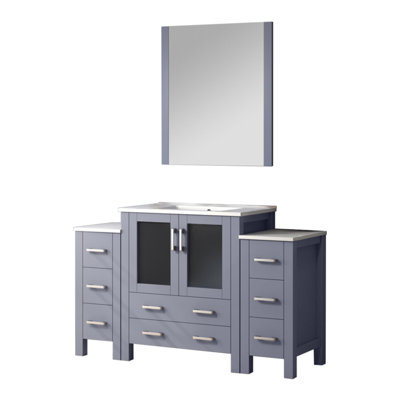 Meuble-lavabo gris foncé l 54 po x P 18,25 po avec armoires latérales, plateau en céramique blanche et miroir de 28 po