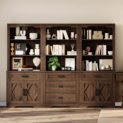 Modern Farmhosue 3-Column Bookcase Set With Adjustable Shelves,73" H Tall Wood Bookshelves With Storage Cabinet And Drawers by Red Barrel Studio
