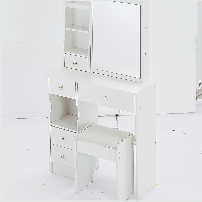 Petit meuble-lavabo de 29,2 po avec tiroir à gauche et tabouret rembourré, très grand miroir coulissant à droite, rangement multi-couches à grande capacité, commode pratique et pratique, convient aux petits espaces