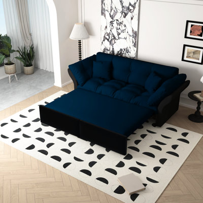 74.8" Queen 3 - In 1 Convertible Blue Velvet Sleeper Bed, 2 Soft Pillows, Comfortable For Sleep, Easy To Use Multi Functional Long, With Steel Frame,