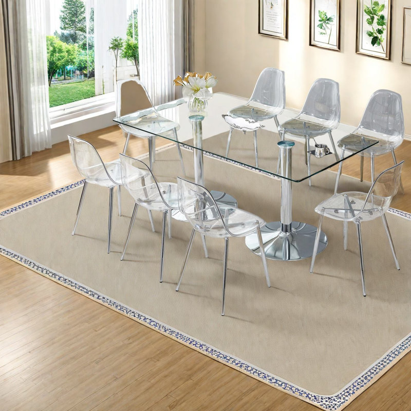 Ensembles de table de salle à manger spacieux en verre trempé avec chaises transparentes, style moderne pour la maison
