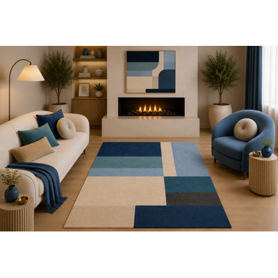 Tapis à motif géométrique moderne de 5 pi x 7 pi à motif de blocs de couleurs minimalistes bleu marine, bleu sarcelle, beige et bleu foncé