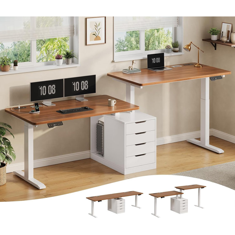 Bureau debout pour deux personnes, bureau d'ordinateur de 94 po de long avec 4 tiroirs, Brown/White