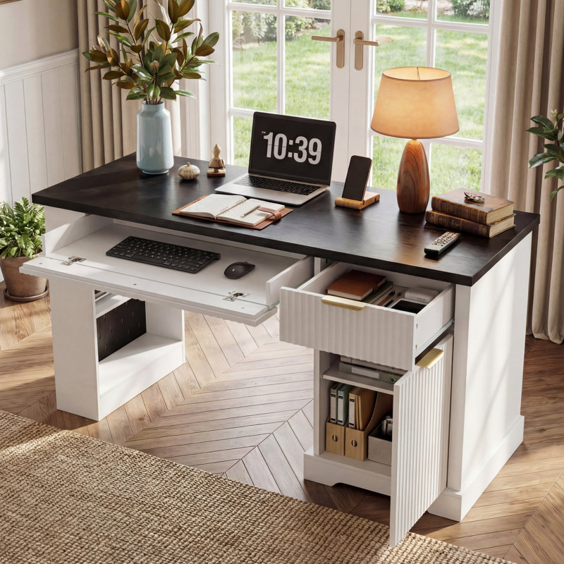 Bureau de rangement cannelé moderne de 55 po avec prise de courant et plateau pour clavier, Blanc